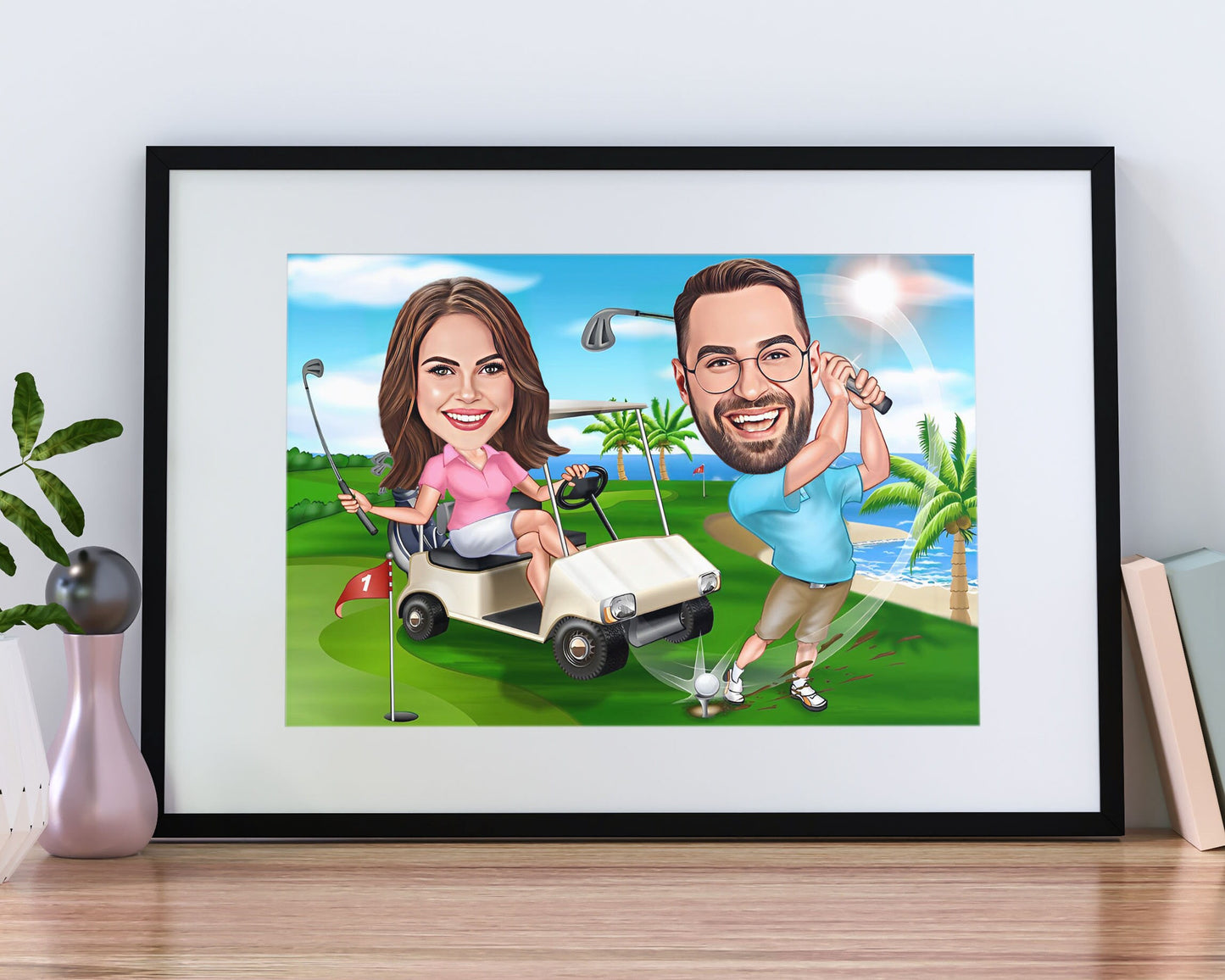 Personalised Couple Golfing Caricature