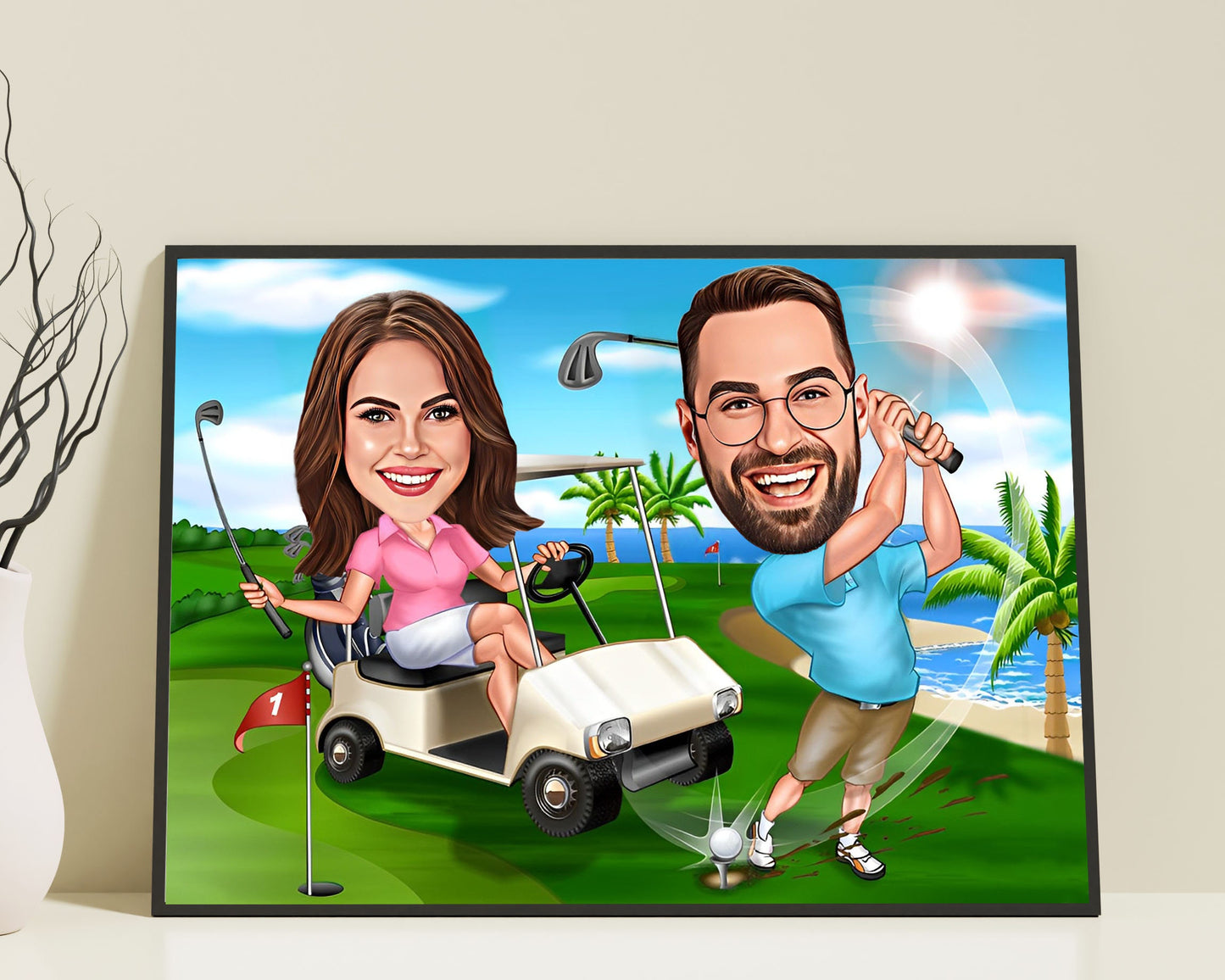 Personalised Couple Golfing Caricature