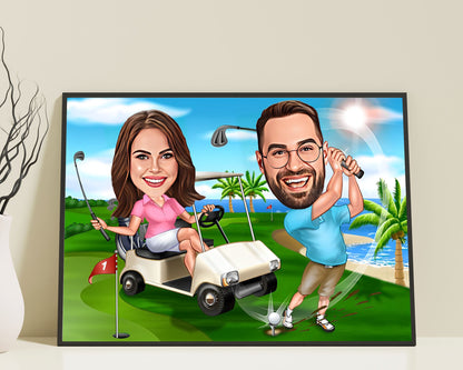 Personalised Couple Golfing Caricature