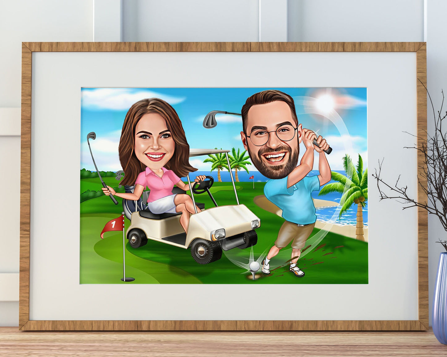 Personalised Couple Golfing Caricature
