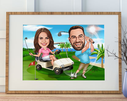 Personalised Couple Golfing Caricature