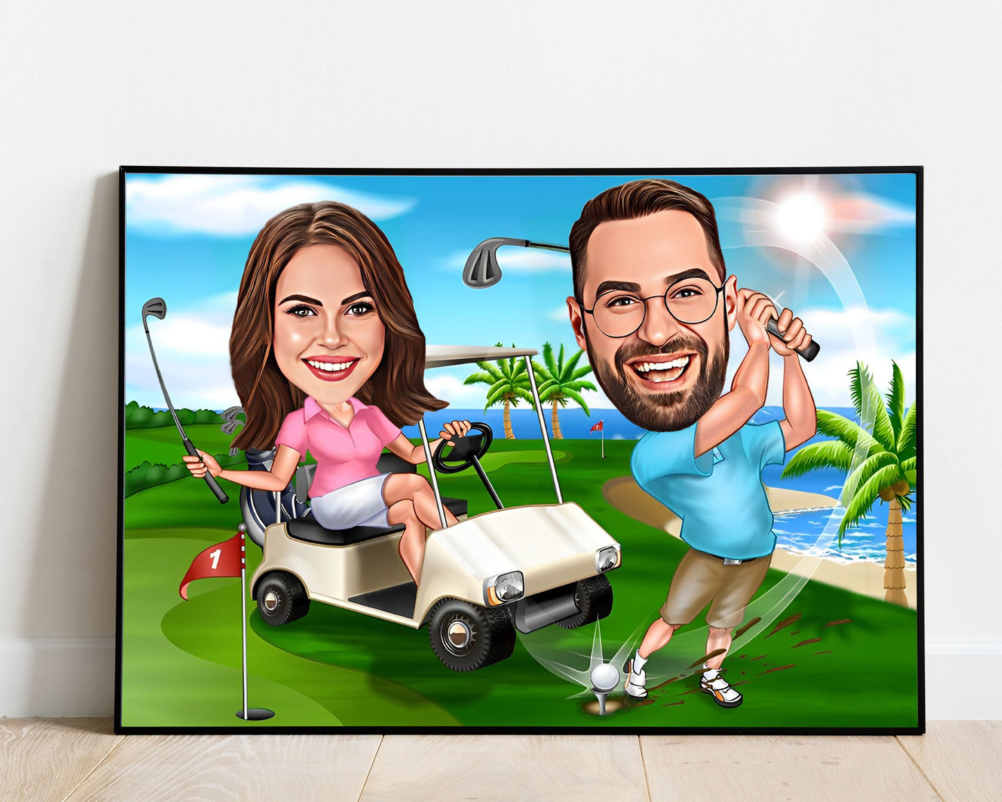 Personalised Couple Golfing Caricature