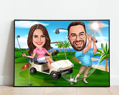 Personalised Couple Golfing Caricature