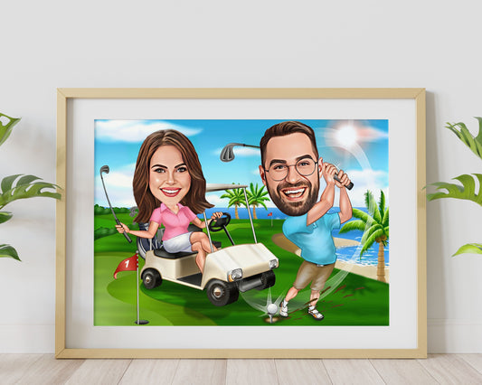 Personalised Couple Golfing Caricature