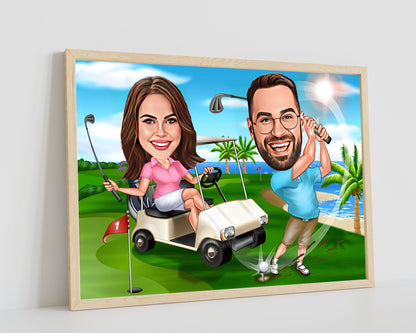 Personalised Couple Golfing Caricature