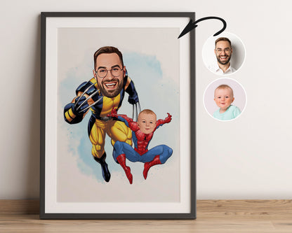 Personalised Super Dad and Son Caricature