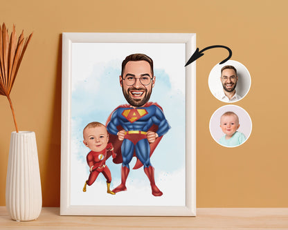 Personalised Super Dad and Son Caricature