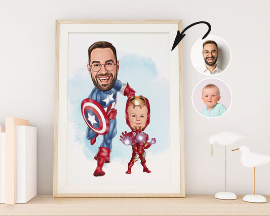 Personalised Super Dad and Son Caricature
